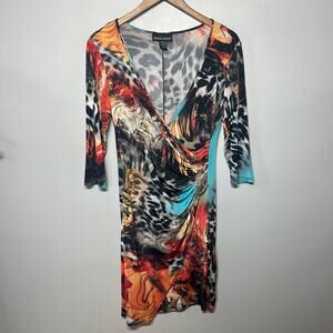 Frank Lyman Dress Faux Wrap Colorful Knit Artsy Abstract Deep V Neck Sexy 12